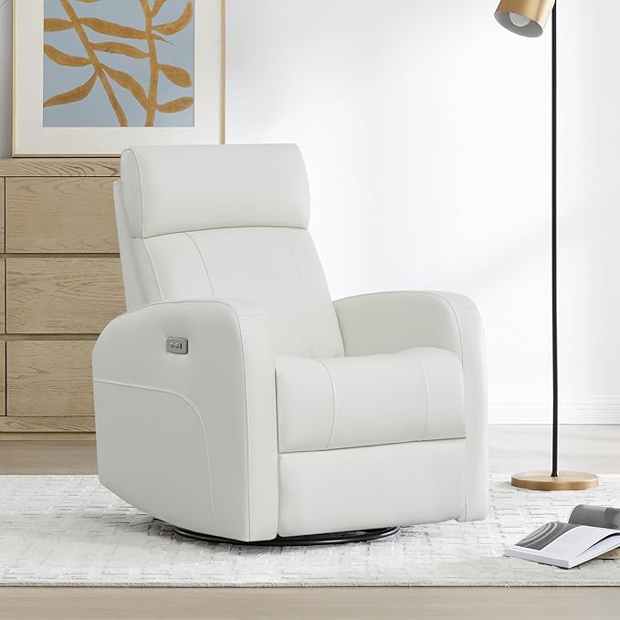 CHITA Genuine Leather Power Swivel Glider Recliner Chair FSC Certified Double Layer Backrest Truck Armrest Recliner Chair Sofa for Living Room-White