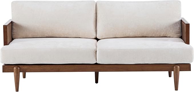 Merax 72 Spacious 2-Seater Sofa Couch with Armrests Cane Rattan Wooden Frame Loveseat Sofa for Living Rooms Bedrooms Apartment Office (Walnut+Beige)