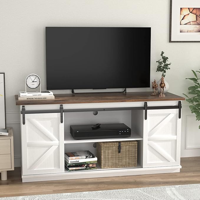 JUMMICO TV Stand for 65 Inch TV Entertainment Center with Storage Cabinets and Sliding Barn Doors Mid Century Modern Media TV Console Table for Living Room Bedroom (Bright White)