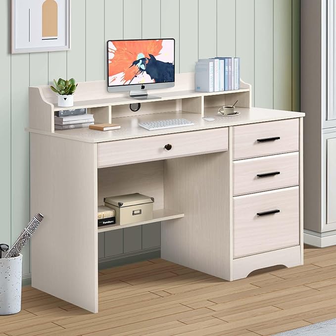 Small Desk with 4 Drawers Computer Desk with Storage &amp Monitor Stand for Small Space Office Desk with File Drawers &amp Shelve for Bedroom Wood Writing Desk with Hutch Milky White