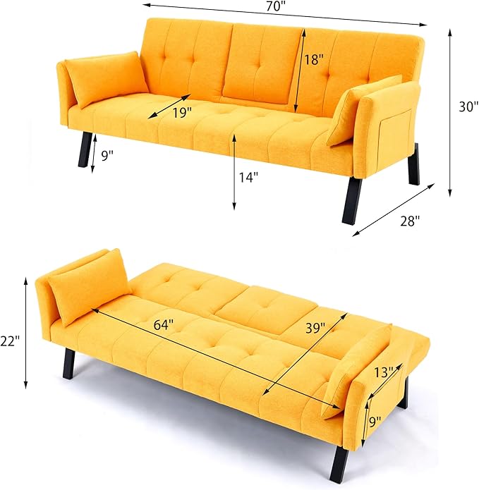 70 Convertible Sofa Bed Modern Futon CouchAdjustable Backrest Cotton Linen with Cup Holders and 2 Throw Pillows Sleeper Sofa for Living Room Apartment Small Space (Yellow)