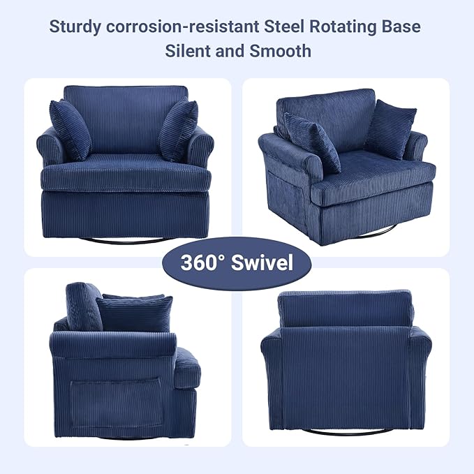 Karl home Swivel Accent Chair Set of 2 39 Oversized Armchair W/2 Pillows and 4 PocketsModern Corduroy Barrel ChairsComfy Single Sofa for Living RoomReadingBedroom and Office-Dark Blue