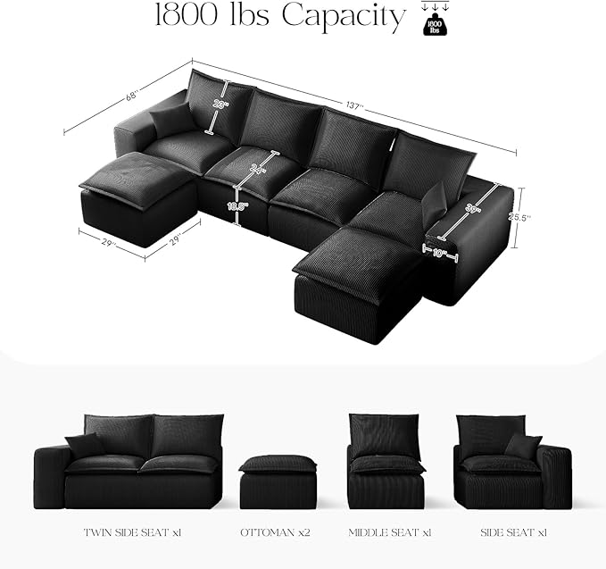 137 Boneless Comfortable Couch with Chaise U Shaped Modular Sectional Couches for Living Room Black Corduroy Sofas with Ottoman Compressed Sofa in a Box No Assembly Required