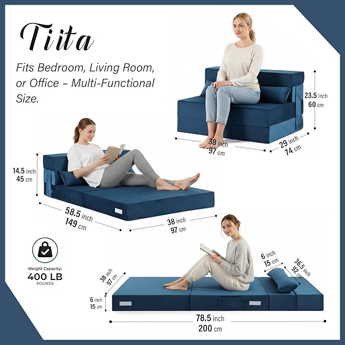 Tiita Folding Sofa Bed Couch Twin Size Foldable Futon Chair with Pillow Folding Sleeper Sofa Chair Bed Floor Mattress for Guest Room Living Room Blue