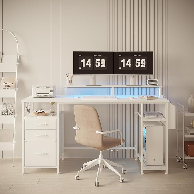 Lufeiya White Computer Desk with File Drawers Cabinet 55 Inch Home Office Desk with Monitor Stand Shelves Writing Study Gaming Desks with Led Lights and Power Outlets for Bedroom White