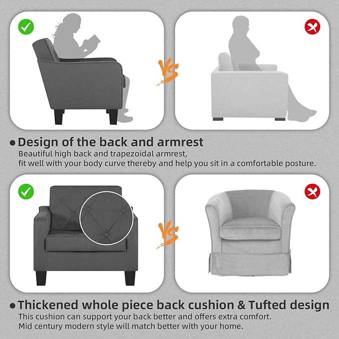 STHOUYN Living Room Chairs Grey Accent Chairs Set of 2 Waiting Room Arm Chairs Reading Chairs for Bedroom Comfy Club Chair Tufted Office Small Space (2 Grey)