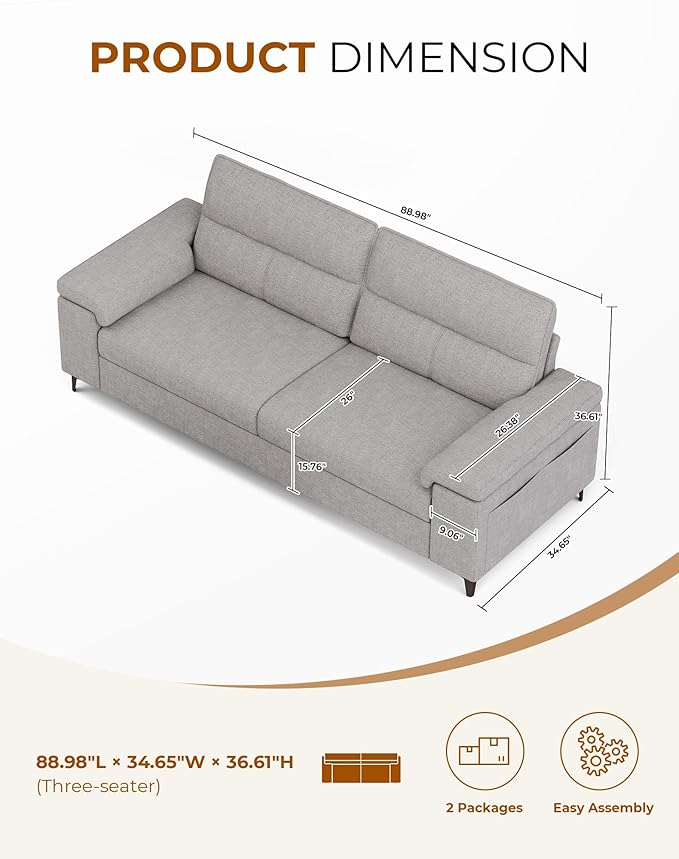 88.97 Modern Sofa Couches for Living Room Deep Seat Sofas with 8”Cushion Comfy 2-Seater Chenille Loveseat with Convertible Armrest Removable Sofa Cover High Leg(Light Gray)