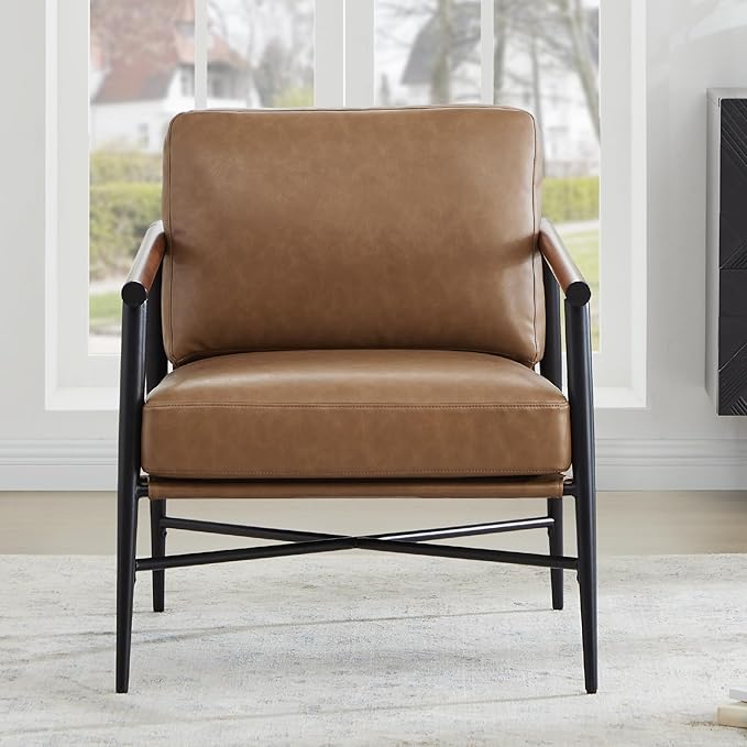Watson &amp Whitely Mid Century Modern Accent Chair Set of 2 Faux Leather Armchair Comfy Upholstered Lounge Reading Chair for Living Room Bedroom Cafe Waiting Room Brown