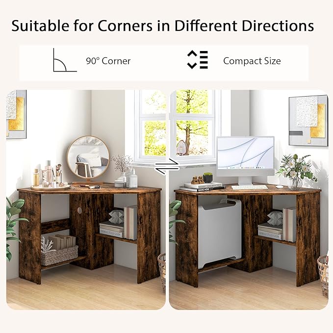 Tangkula Corner Desk 90 Degrees Triangle Computer Desk for Small Space Bedroom Makeup Vanity Desk with Storage Shelves &amp CPU Stand Space Saving