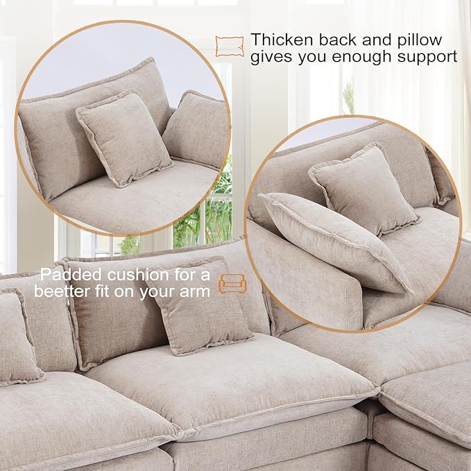 Furniliving Oversized Accent Chairs with Ottoman Luxury Chenille Single Sofa Upholstered Deep Seat Chaise Lounge with Pillows for Living Room Bedroom Apartment Camel