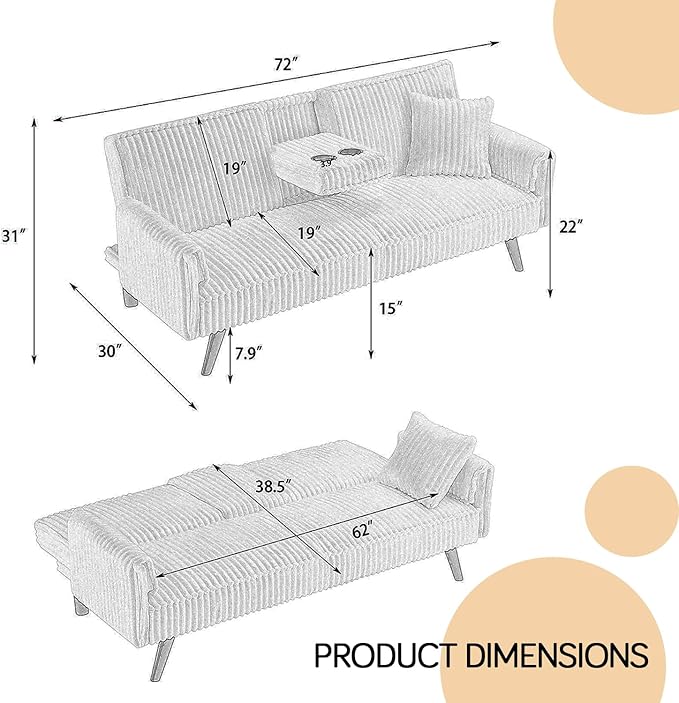 Convertible Folding Futon Sofa Bed with Metal Legs &amp 2 Cupholders Modern New Upholstered Couch Loveseat Sleeper Folding Couches Bed Removable Armrests for Small Spaces (Orange New)