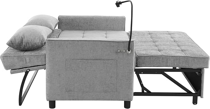 56.9 Loveseat Pull-Out Sofa Bed Chenille Sleeper Sofa Couch with a Reversible Backrest Cushion Side Pockets Two USB Ports and a Phone Holder for Living Room (Grey1)