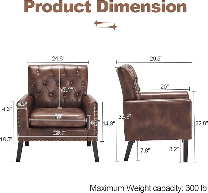 Mid Century Modern Accent Chair Dark Brown Faux Leather Office Chair for Reception - Tufted Leather Club Chair for Living Room Bedroom or Waiting Room