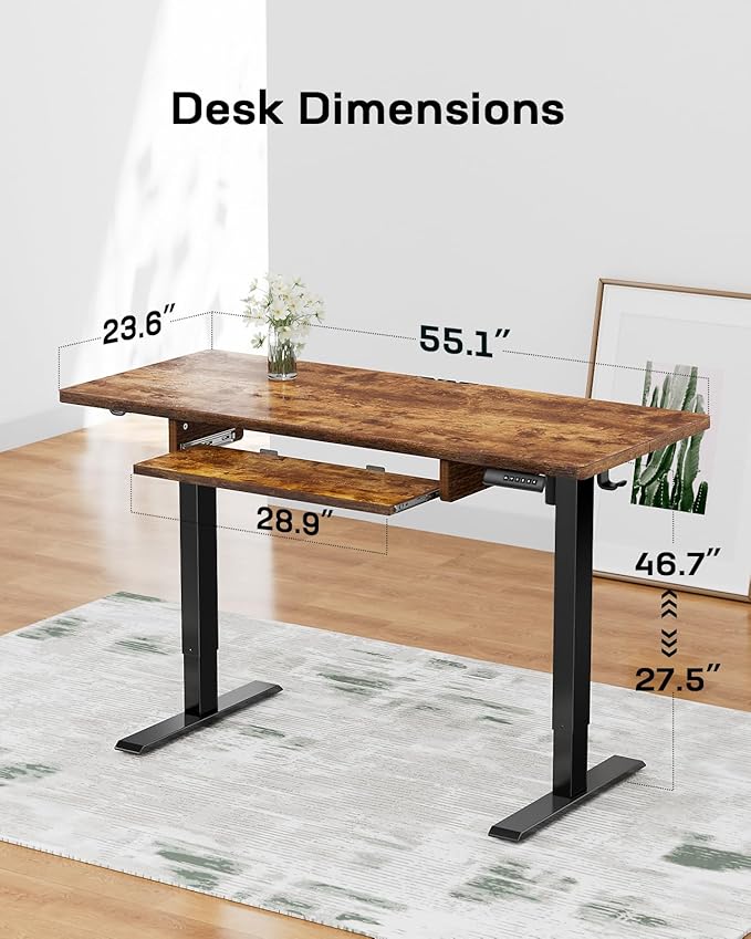 Marsail Electric Standing Desk Adjustable Height 55 * 24 Inch Sit Stand up Desk for Home Office Furniture Computer Desk with 3 Memory Presets Headphone Hook Rustic Brown