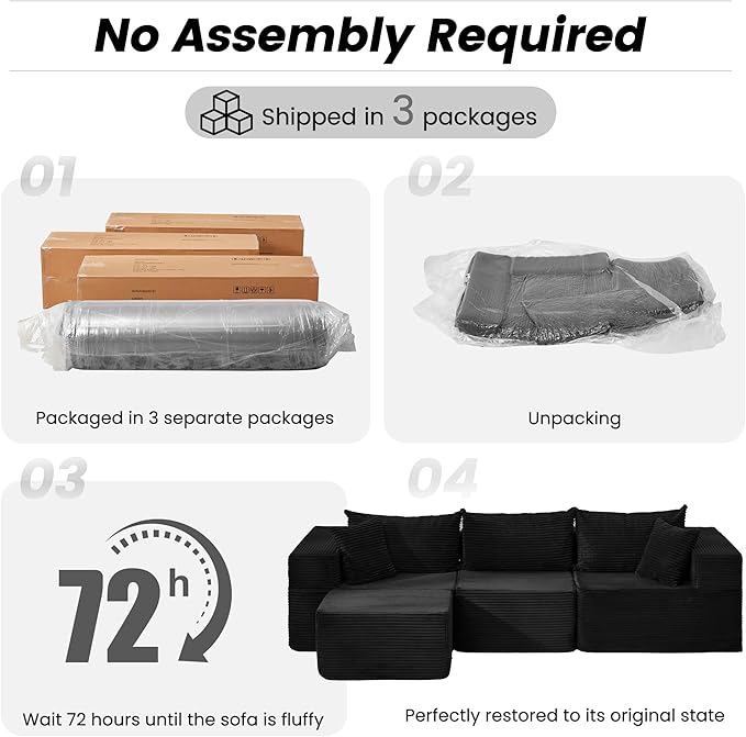 HOMREST 102 Cloud Couch Sectional L Shaped Modern Sofa with Ottoman Comfy Corduroy Fabric Modular Sectional Sofa in a Box Boneless Couches for Living Room No Assembly Required (Black)