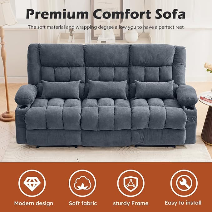 Recliner Sofa with Cup Holders for Living Room 3 Seat Manual Oversized Recliner Chiar with Ergonomic Side Pocket for Adult