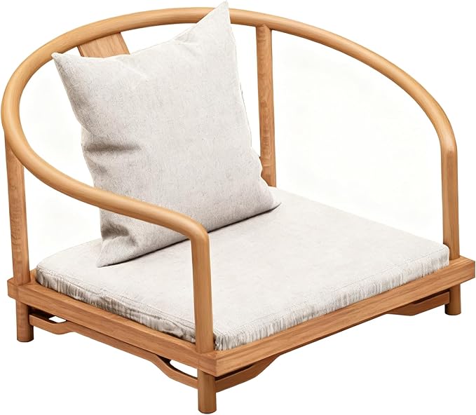 Wooden Japanese Floor Chair with Cushion Multifunctional Floor Armchair with Backrest Accent Meditation Legless Back Rest Chairs for Living Room Bedroom Balcony