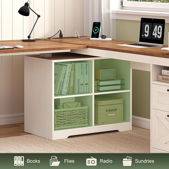 Farmhouse L Shaped Standing Desk 66 inch Corner Electric Standing Desk with Drawers ＆ Storage Shelves Height Adjustable Computer Desk with Power Outlets for Home Office Antique White