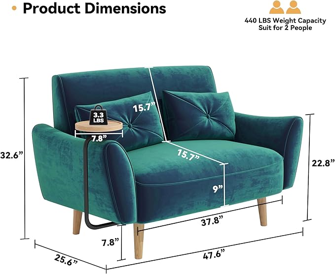 Brelice Loveseat Sofa 47 Velvet Couch for Bedroom Convertible Wooden Tray &amp Ergonomic Armrest for Small Space Apartment Living Room Home Office Easy Assembly Green