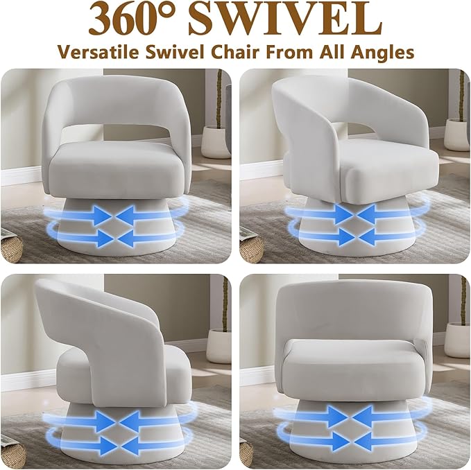 Swivel Accent Chair with Arms for Living Room Swivel Barrel Chairs with Backet for Small Space Velvet Round Chair for Bedroom (White)