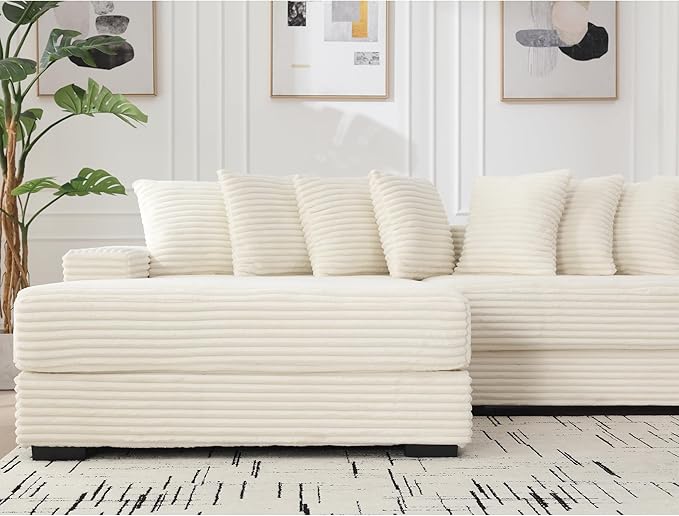 111 Inch Corduroy Sectional Couches for Living Room | L-Shaped Sectional Couch with 8 Pillows | Cloud Couch with Deep Seat | Solid Wood Frame Sofa Beige (Left Facing Chaise)