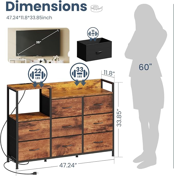 DUMOS TV Stand Dresser with 8 Fabric Drawers &amp Open Shelves TV Stand for Up to 45 inch TV with Wooden Top Entertainment Center with Charging Station for Living Room Hallway Brown