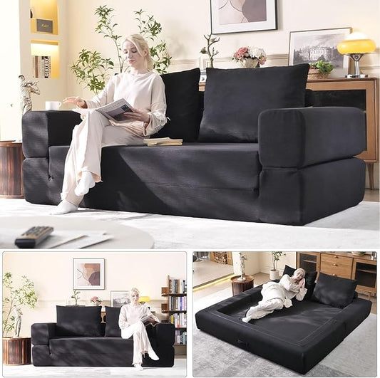 79'' Convertible Sleeper Sofa Bed 3-in-1 Foldable Floor Couch with Corduroy Upholstery No Assembly Loveseat Light Brown Lounge Mattress for Living Room Studio Guest Room (Black)