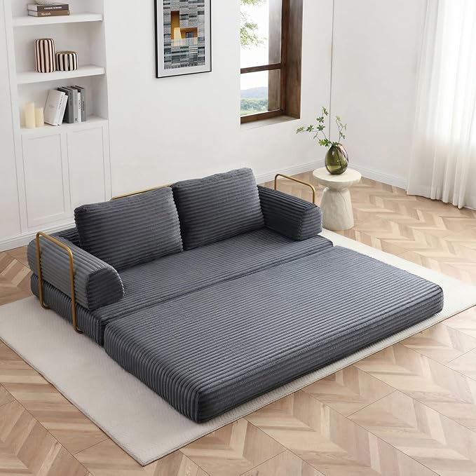 80” Convertible Sleeper Sofa Bed High Back Plush Corduroy Boneless Futon Loveseat with Pull Out Bed Fixed-Shape Folding Floor Mattress Couch No Assembly Required (Grey)