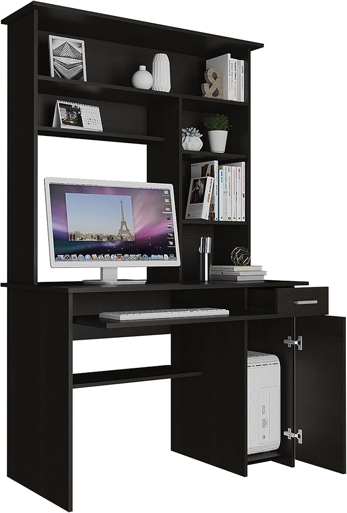 Black Computer Desk with Shelves Keyboard Tray &amp CPU Panel - Home Office Workstation