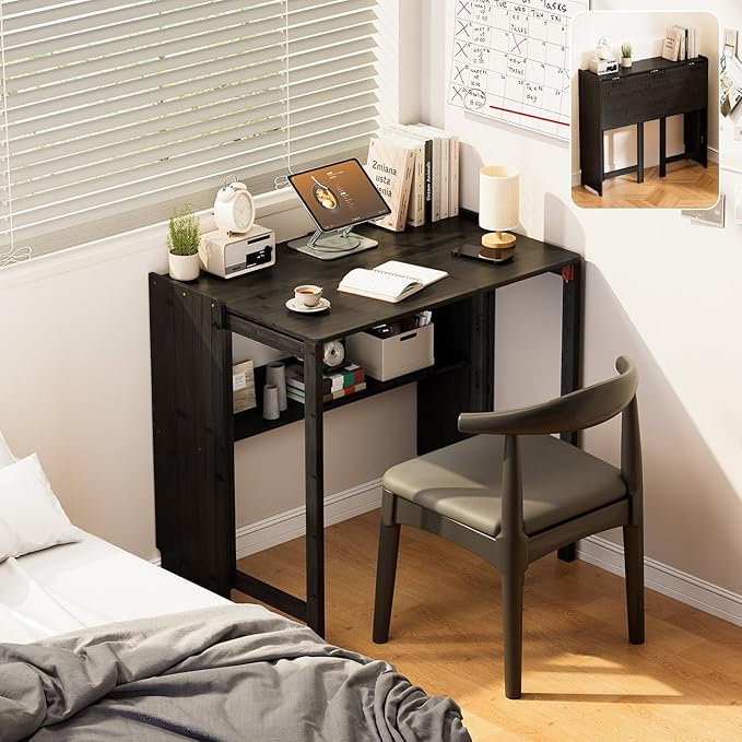 Bamboo Foldable Desk Folding Desks for Small Spaces Mid Century Small Computer Desk with Bookshelf for Bedroom Home Office Black
