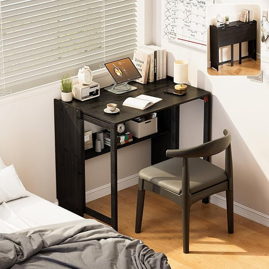 Bamboo Foldable Desk Folding Desks for Small Spaces Mid Century Small Computer Desk with Bookshelf for Bedroom Home Office Black