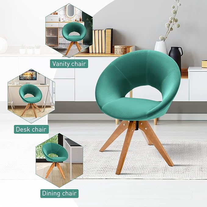 Giantex Swivel Accent Chair Modern Office Chair with Wood Legs Oversized Upholstered Seat Round Tufted Back Velvet Vanity Chair for Living Room Bedroom Green