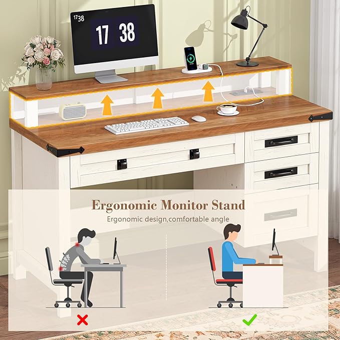 Farmhouse Executive Desk with Drawers 47 Computer Desk with Power Outlets Home Office Desk with Monitor Stand &amp 4 Drawers Small Desk Writing Study Table Antique White