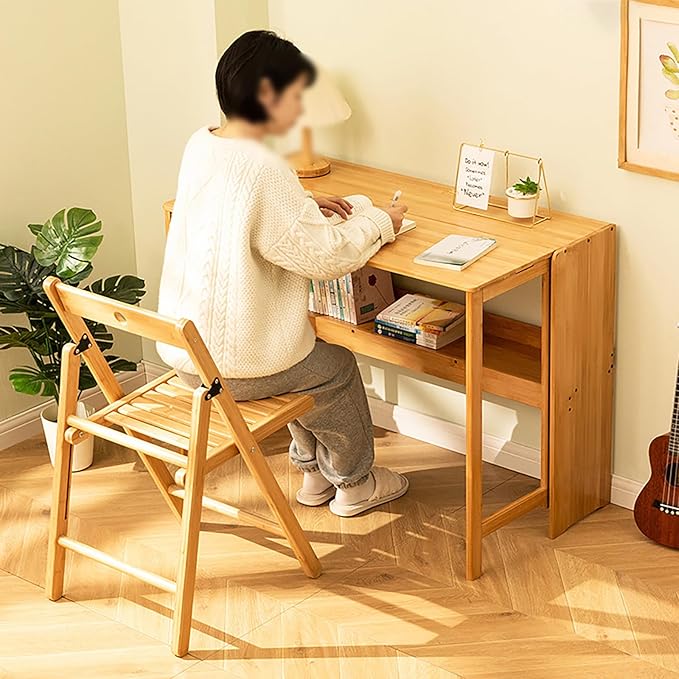 Bamboo Foldable Desk Home Office Desks with Bookshelf 40 Inch Solid Wood Folding Desk Wooden Desk Writing Desk Study Desk
