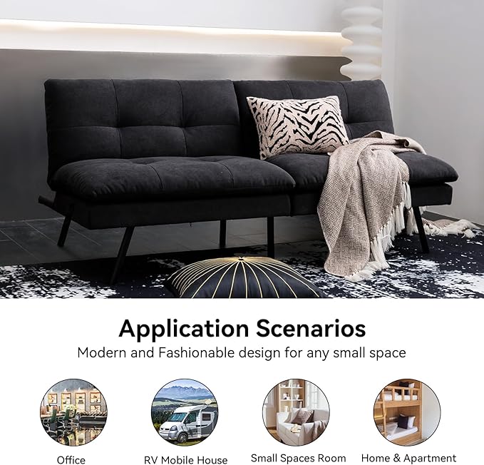 Hcore Polyester Memory Foam Convertible Futon Sofa Bed Small Splitback Loveseat 68 L x 32.3 W x 30.7 H Black