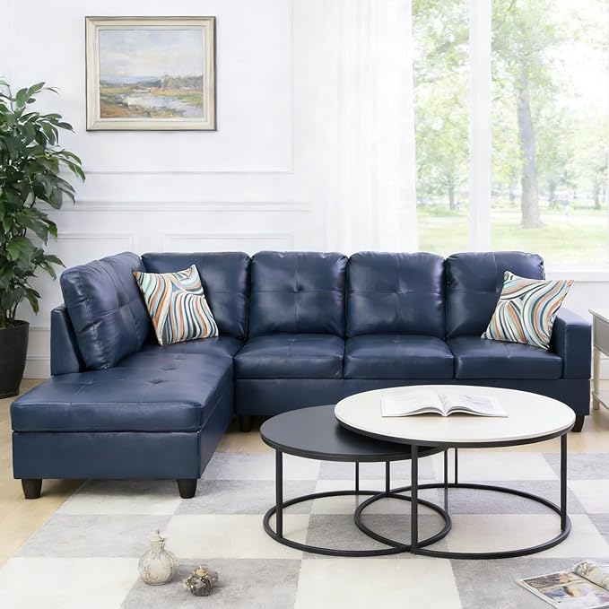 103.5 Inch Modern L-Shaped Couch Faux Leather Sectional Sofa with Chaise Lounge 4-Seater Couch with Accent Pillows for Living Room Apartment Blue