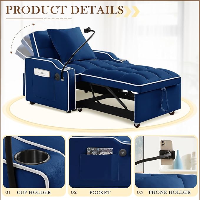 Convertible Sleeper Sofa Chair Bed 3 in 1 Tufted Velvet Pull Out Sleeper Chair with Adjustable Backrest &amp Phone Holder Modern Single Sofa Chair for Living Room Small Spaces Apartment Blue