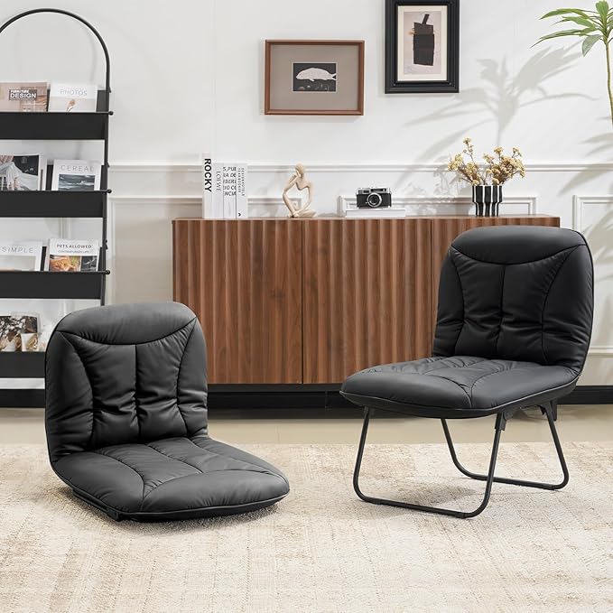 Furniliving 3 in 1 Folding Chair Foldable Floor Chair for Reading Lounging &amp Gaming Portable Camping Chair with Metal Frame Comfy Accent Chair Reading Chair for Indoor Living Room PU (Black)