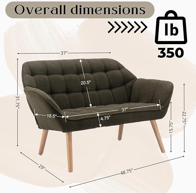 Small Loveseat Sofa 48 inch Sherpa Love Seat for Living Room Comfy Mini Couch with Wood Legs for Small Spaces Bedroom Apartment Office Dark Green