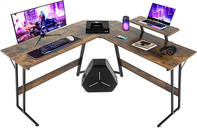 NChanmar L Shaped Gaming Desk with Monitor Riser Stand Home Office Corner Desk for Studying Working and Gaming Large Desktop Brown