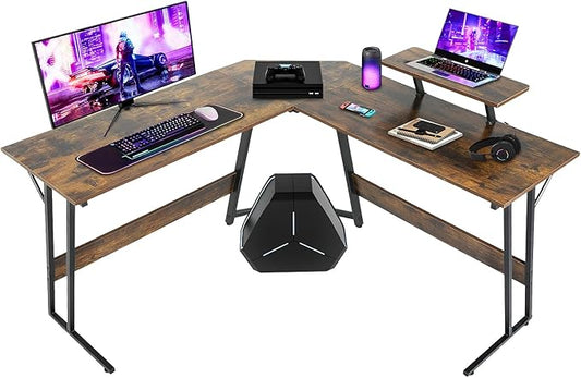 NChanmar L Shaped Gaming Desk with Monitor Riser Stand Home Office Corner Desk for Studying Working and Gaming Large Desktop Brown