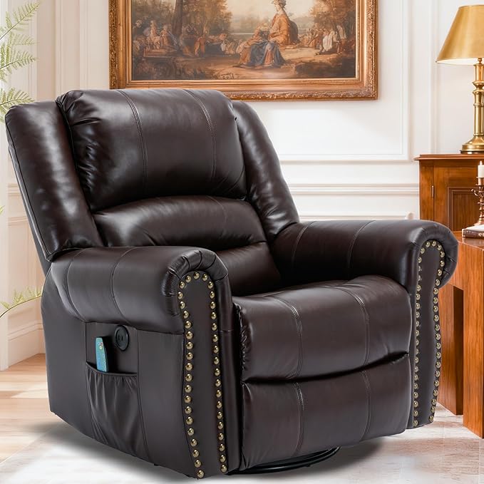 Manual Massage Swivel Rocker Recliner with Heat and Vibration 360° Swivel Glider Rocking Recliner Chair Classic Living Room Lounge Recliners with Side Pockets &amp USB Ports Brown