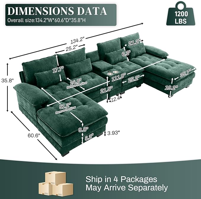 OUYESSIR 134 Oversized Green Sectional Couches for Living RoomFluffy Couch with Chaise Lounge&ampTufted Buttons U Shaped Living Room Sofa Set FurnitureChenille 6 Seater Couch with Storage Console