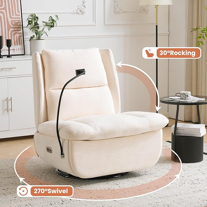 Swivel Rocker Recliner Chair Oversized Armless Recliner with Phone Holder &amp USB Port Power Recliner Chair for Adults Cross Legged Glider Rocking Chair for Living Room Chenille Beige