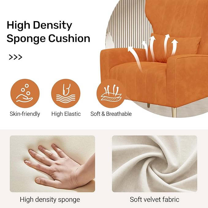 Velvet Accent Chair Set of 2Wingback for Living Room High Back Arm Chair with Golden Legs Lumbar Pillow Upholstered Single Sofa Bedroom Orange