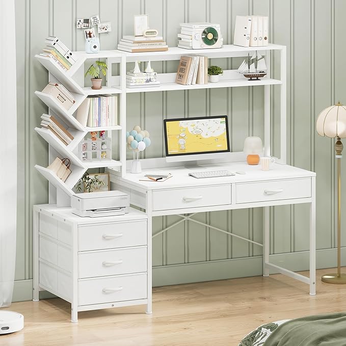 Reversible Computer Desk with Hutch Home Office Desk with 5 Drawers and Bookshelf 52'' Study Writing Desk with Storage Shelves for Bedroom Home Office White