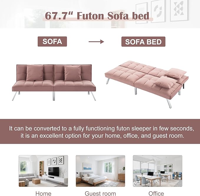 68 Modern Sofa Bed FutonConvertible Sleeper Bed Couch with 4 Reclining BackrestComfy Velvet Cloud Sofa Loveseat for Living Room Bedroom Office (Pink)