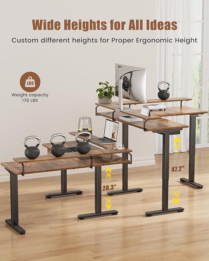 Flycity Electric L Shaped Standing Desk with Monitor Stand 59 Corner Computer Desk with Drawers Gaming Table with LED Lights &amp Power Outlet Home Office Stand Up Adjustable Height Table Brown