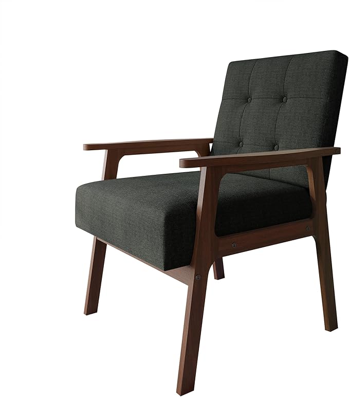 Accent Chair with Button-Tufted Linen Upholstery Wooden Armrests Cushioned Seat Easy Assembly Charcoal Grey