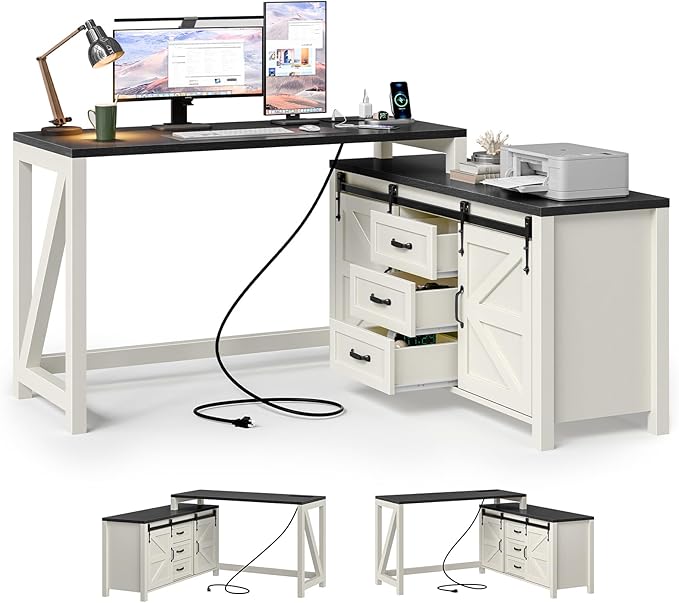Executive L Shaped Office Desk with Drawers Farmhouse Corner Desk for Home Office with Storage Cabinet Computer Desk with Charging Station Reversible Study Writing Table Workstation Rustic White